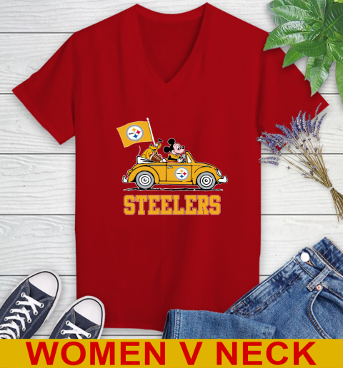 NFL Football Pittsburgh Steelers Pluto Mickey Driving Disney Shirt Women's V-Neck T-Shirt 12
