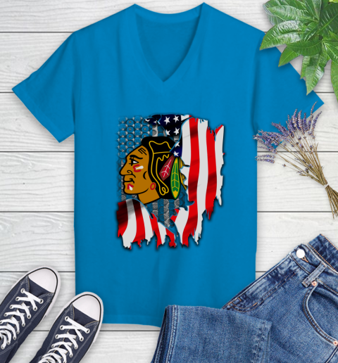 Chicago Blackhawks NHL Hockey American Flag Women's V-Neck T-Shirt 7