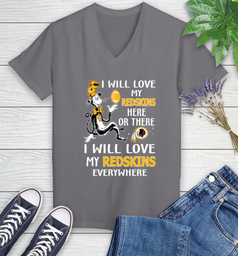 NFL Football Washington Redskins I Will Love My Redskins Everywhere Dr Seuss Shirt Women's V-Neck T-Shirt 9