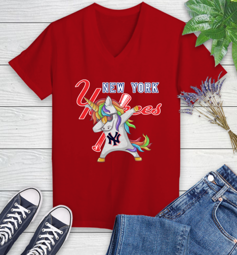 New York Yankees MLB Baseball Funny Unicorn Dabbing Sports Women's V-Neck T-Shirt 12