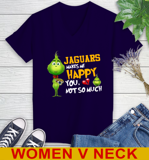 NFL Jacksonville Jaguars Makes Me Happy You Not So Much Grinch Football Sports Women's V-Neck T-Shirt 3