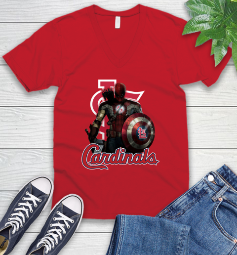 MLB Captain America Thor Spider Man Hawkeye Avengers Endgame Baseball St.Louis Cardinals V-Neck T-Shirt 7