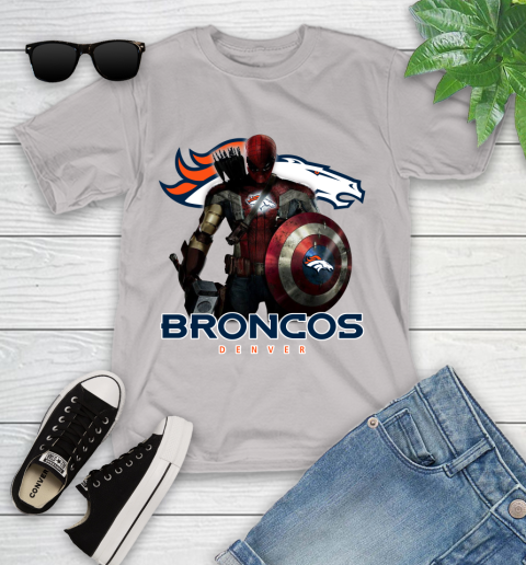 NFL Captain America Thor Spider Man Hawkeye Avengers Endgame Football Denver Broncos Youth T-Shirt 12