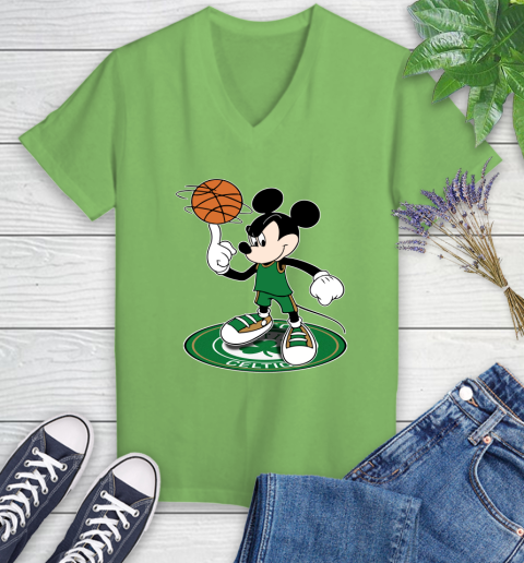 NBA Basketball Boston Celtics Cheerful Mickey Disney Shirt Women's V-Neck T-Shirt 9