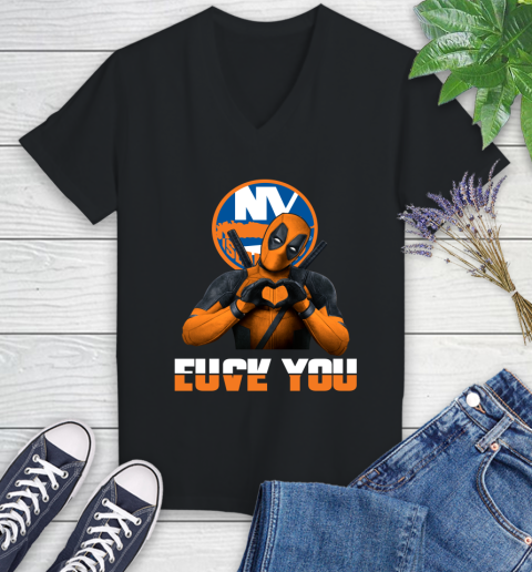 NHL New York Islanders Deadpool Love You Fuck You Hockey Sports Women's V-Neck T-Shirt