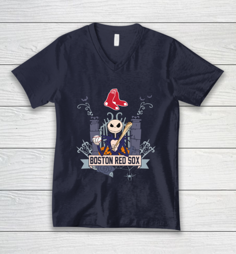 MLB Boston Red Sox Baseball Jack Skellington Halloween V-Neck T-Shirt 2