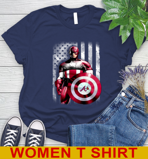 Atlanta Braves MLB Baseball Captain America Marvel Avengers American Flag Shirt Women's T-Shirt 12