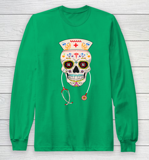Nurse Sugar Skull Shirt Halloween Day Of The Dead Dia De Los Long Sleeve T-Shirt 4