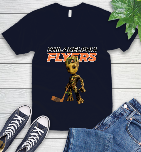Philadelphia Flyers NHL Hockey Groot Marvel Guardians Of The Galaxy V-Neck T-Shirt 3