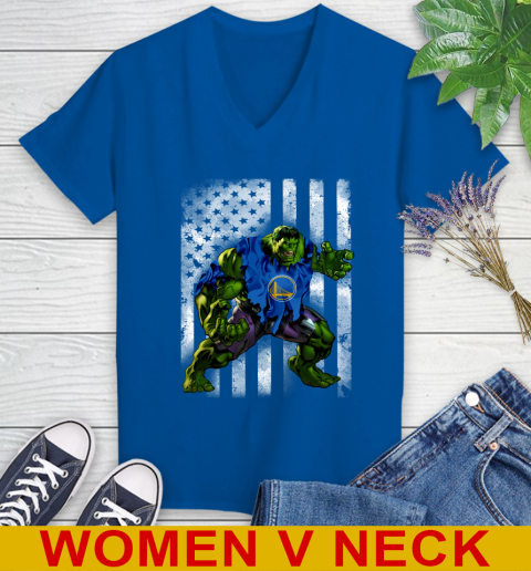 Golden State Warriors Hulk Marvel Avengers NBA Basketball American Flag Women's V-Neck T-Shirt 9