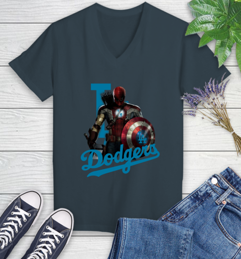MLB Captain America Thor Spider Man Hawkeye Avengers Endgame Baseball Los Angeles Dodgers Women's V-Neck T-Shirt 8
