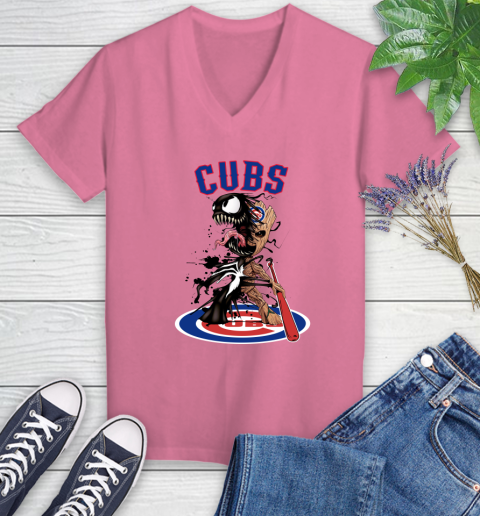 MLB Chicago Cubs Baseball Venom Groot Guardians Of The Galaxy Women's V-Neck T-Shirt 13