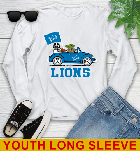 NFL Football Detroit Lions Darth Vader Baby Yoda Driving Star Wars Shirt Youth Long Sleeve