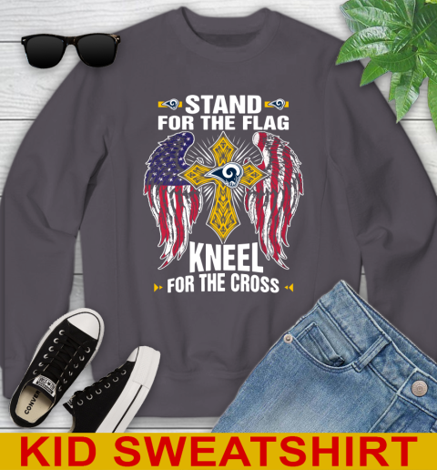 NFL Football Los Angeles Rams Stand For Flag Kneel For The Cross Shirt Youth Sweatshirt - Image 6