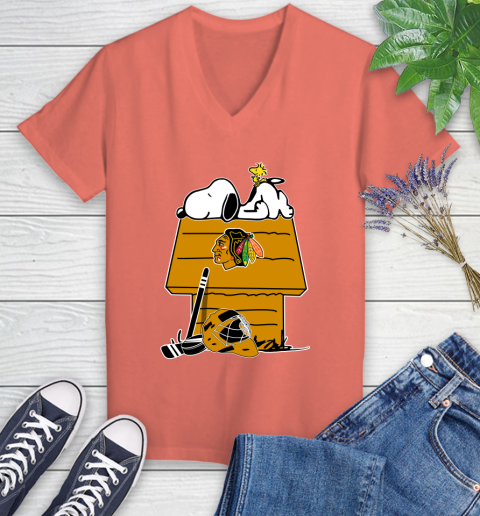 Chicago Blackhawks NHL Hockey Snoopy Woodstock The Peanuts Movie Women's V-Neck T-Shirt 6