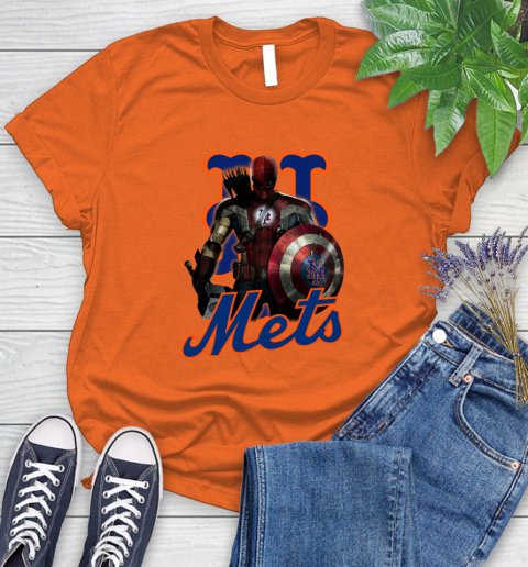 MLB Captain America Thor Spider Man Hawkeye Avengers Endgame Baseball New York Mets Women's T-Shirt 4