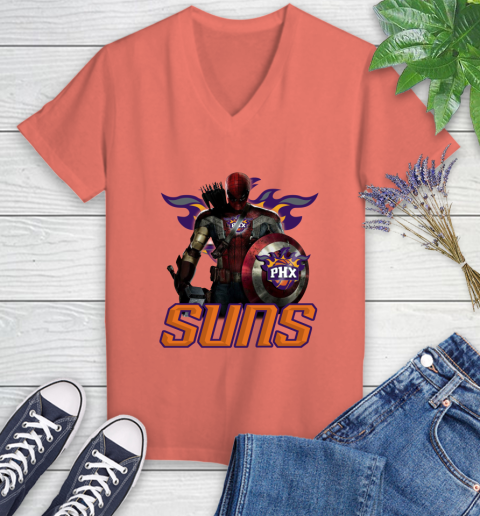 Phoenix Suns NBA Basketball Captain America Thor Spider Man Hawkeye Avengers Women's V-Neck T-Shirt 6