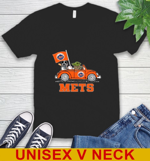 MLB Baseball New York Mets Darth Vader Baby Yoda Driving Star Wars Shirt V-Neck T-Shirt 2