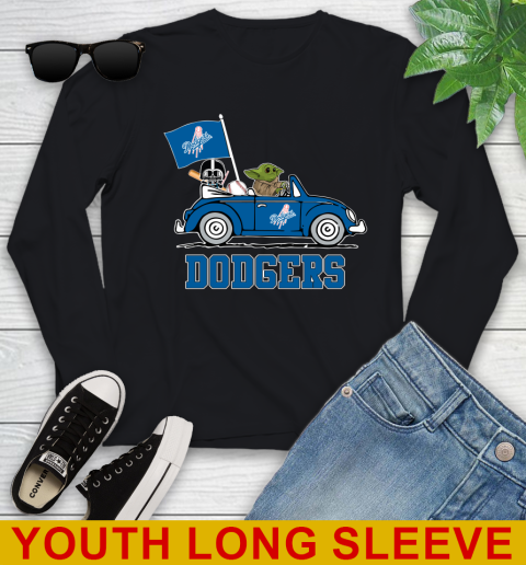 MLB Baseball Los Angeles Dodgers Darth Vader Baby Yoda Driving Star Wars Shirt Youth Long Sleeve - Image 3