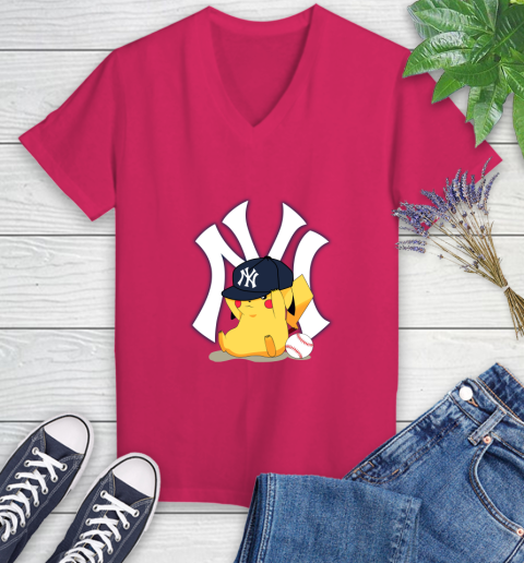 MLB Pikachu Baseball Sports New York Yankees Women's V-Neck T-Shirt 9