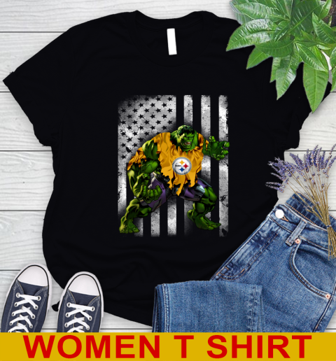 Pittsburgh Steelers Hulk Marvel Avengers NFL Football American Flag Women's T-Shirt