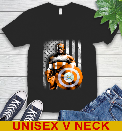 Miami Marlins MLB Baseball Captain America Marvel Avengers American Flag Shirt V-Neck T-Shirt