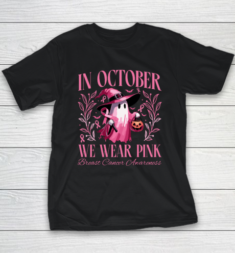 In October We Wear Pink Witch Ghost Pumpkin Breast Cancer Youth T-Shirt