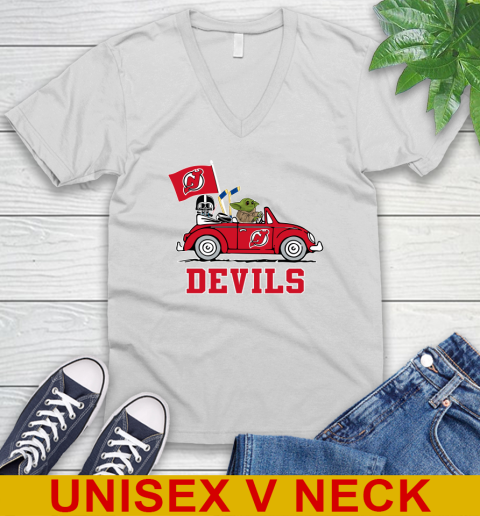 NHL Hockey New Jersey Devils Darth Vader Baby Yoda Driving Star Wars Shirt V-Neck T-Shirt