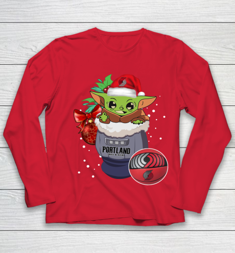 Portland Trail Blazers Christmas Baby Yoda Star Wars Funny Happy NBA Youth Long Sleeve 10