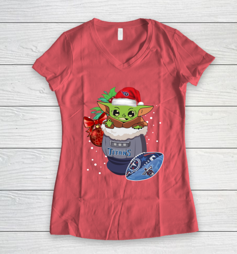 Tennessee Titans Christmas Baby Yoda Star Wars Funny Happy NFL Women's V-Neck T-Shirt 6