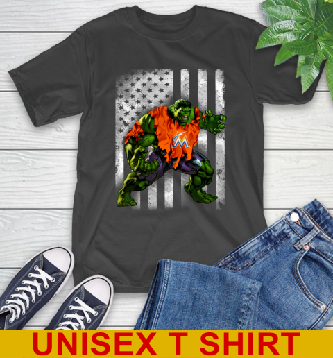 Miami Marlins Hulk Marvel Avengers MLB Baseball American Flag T-Shirt