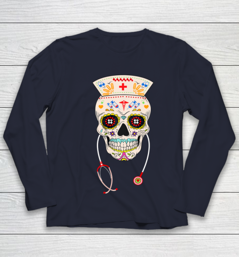 Nurse Sugar Skull Shirt Halloween Day Of The Dead Dia De Los Youth Long Sleeve 2