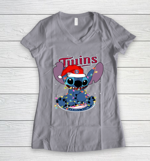 Minnesota Twins MLB noel stitch Baseball Christmas Women's V-Neck T-Shirt 2