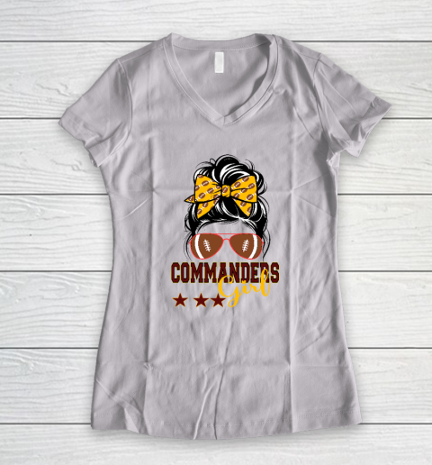 Retro Commanders Girl Messy Bun Sports Fan Team Matching Women's V-Neck T-Shirt