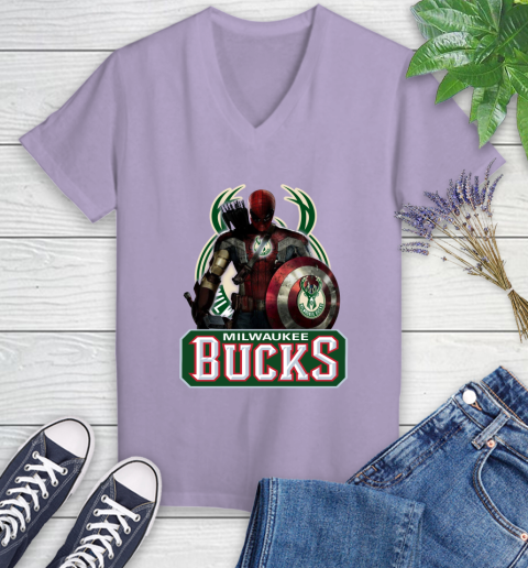 Milwaukee Bucks NBA Basketball Captain America Thor Spider Man Hawkeye Avengers Women's V-Neck T-Shirt 14