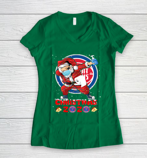 Detroit Pistons Funny Santa Claus Dabbing Christmas 2020 NBA Women's V-Neck T-Shirt 3