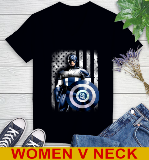 San Diego Padres MLB Baseball Captain America Marvel Avengers American Flag Shirt Women's V-Neck T-Shirt