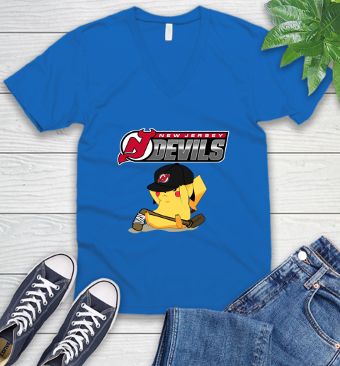 NHL Pikachu Hockey Sports New Jersey Devils V-Neck T-Shirt 6
