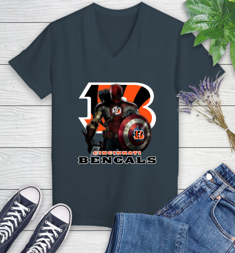 NFL Captain America Thor Spider Man Hawkeye Avengers Endgame Football Cincinnati Bengals Women's V-Neck T-Shirt 8