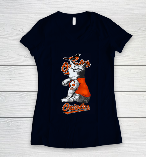 MLB Baseball My Cat Loves Baltimore Orioles Women's V-Neck T-Shirt 2