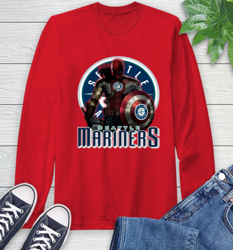 MLB Captain America Thor Spider Man Hawkeye Avengers Endgame Baseball Seattle Mariners Long Sleeve T-Shirt 10