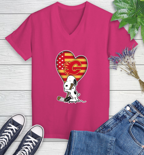 Calgary Flames NHL Hockey The Peanuts Movie Adorable Snoopy Women's V-Neck T-Shirt 9