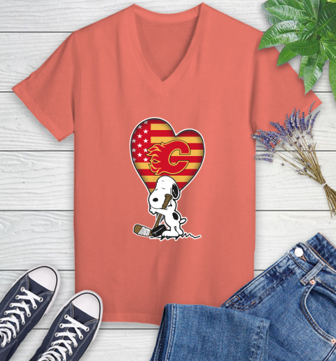 Calgary Flames NHL Hockey The Peanuts Movie Adorable Snoopy Women's V-Neck T-Shirt 6