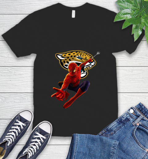 NFL Spider Man Avengers Endgame Football Jacksonville Jaguars V-Neck T-Shirt 2