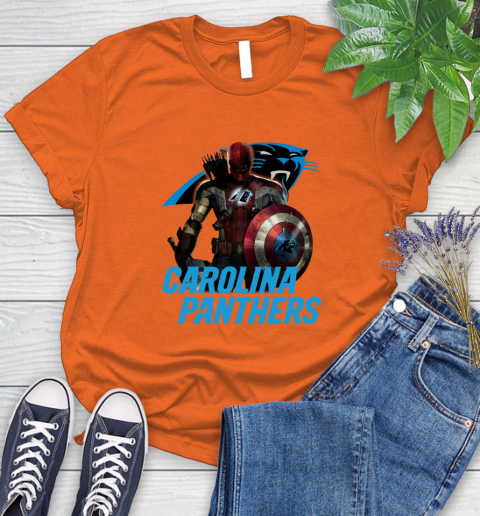 NFL Captain America Thor Spider Man Hawkeye Avengers Endgame Football Carolina Panthers Women's T-Shirt 4