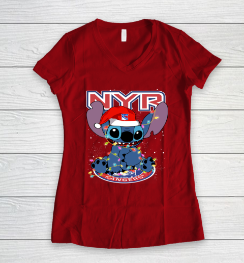 New York Rangers NHL Hockey noel stitch Christmas Women's V-Neck T-Shirt 6