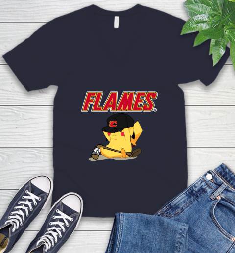 NHL Pikachu Hockey Sports Calgary Flames V-Neck T-Shirt 3