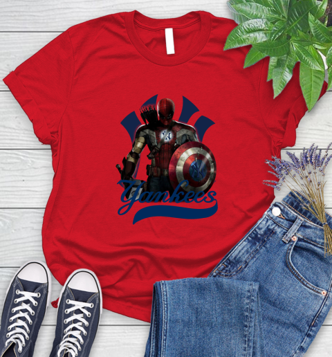 MLB Captain America Thor Spider Man Hawkeye Avengers Endgame Baseball New York Yankees Women's T-Shirt 9
