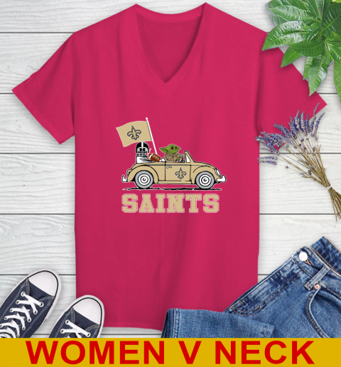 NFL Football New Orleans Saints Darth Vader Baby Yoda Driving Star Wars Shirt Women's V-Neck T-Shirt 10