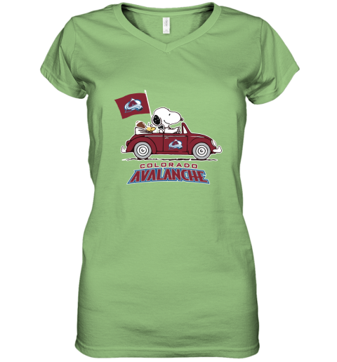 Snoopy And Woodstock Ride The Colorado Avalanche Car NHL Women's V-Neck T-Shirt